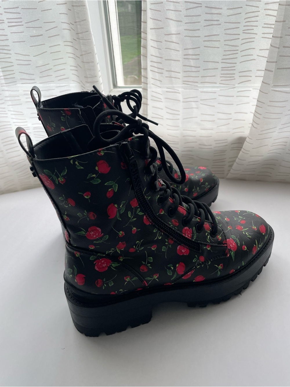 Black Floral Lace-Up Platform Boots